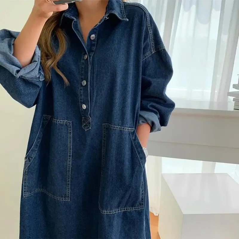 2025 Fashion Women's Autumn Long Sleeved Denim Shirt Dress Button Pocket Jeans Casual Loose Women's Street Wear Denim Robe Dress