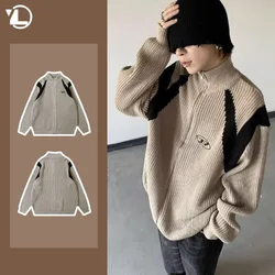 Street Retro Knitted Cardigan Men Two Way Zipper Contrast Color Half High Neck Sweater Jacket Embroidery Simple Knitwear Top