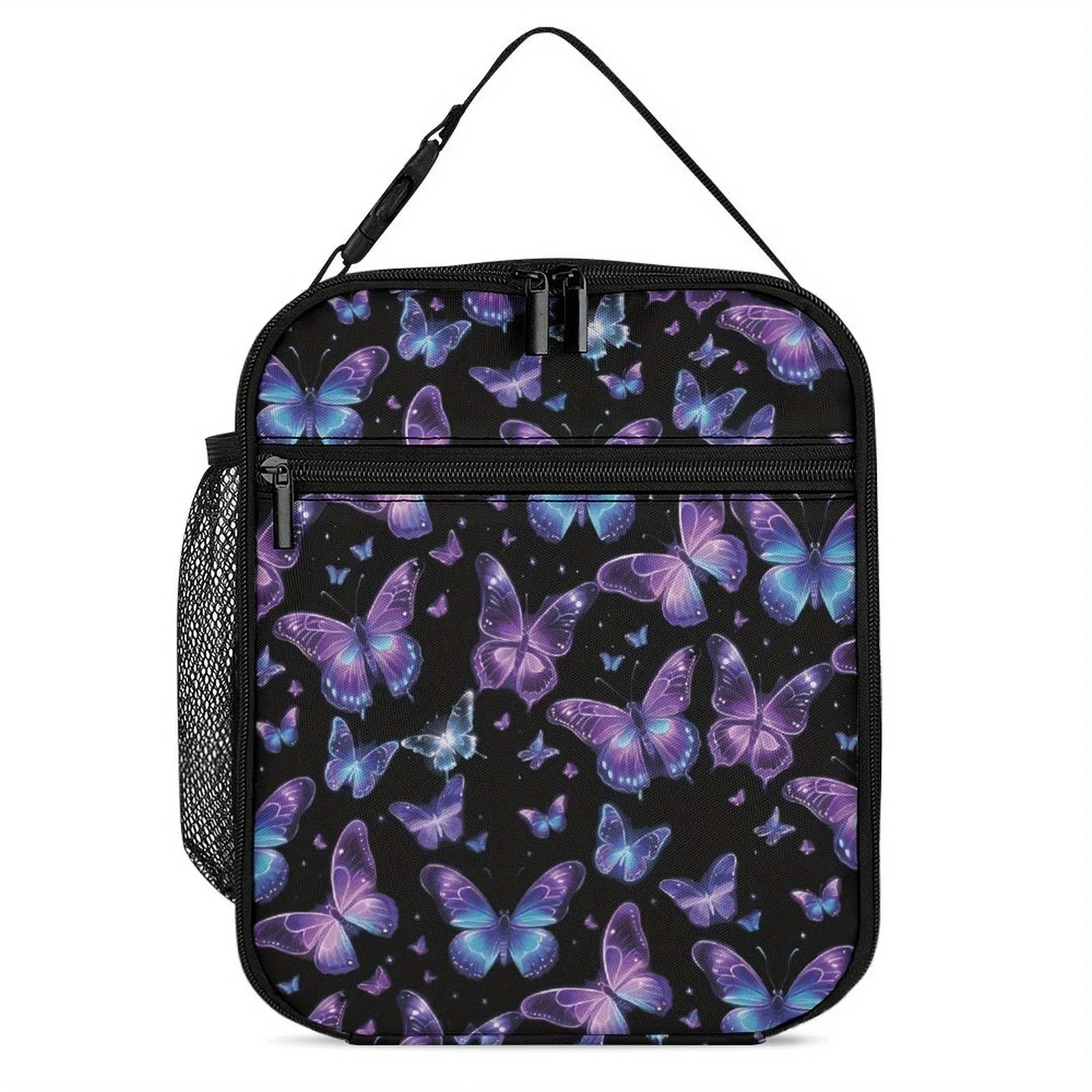 

Butterfly-Themed Insulated Lunch Bag with Vibrant Purple and Blue Butterfly Print, Portable Cooler Tote for Travel and P