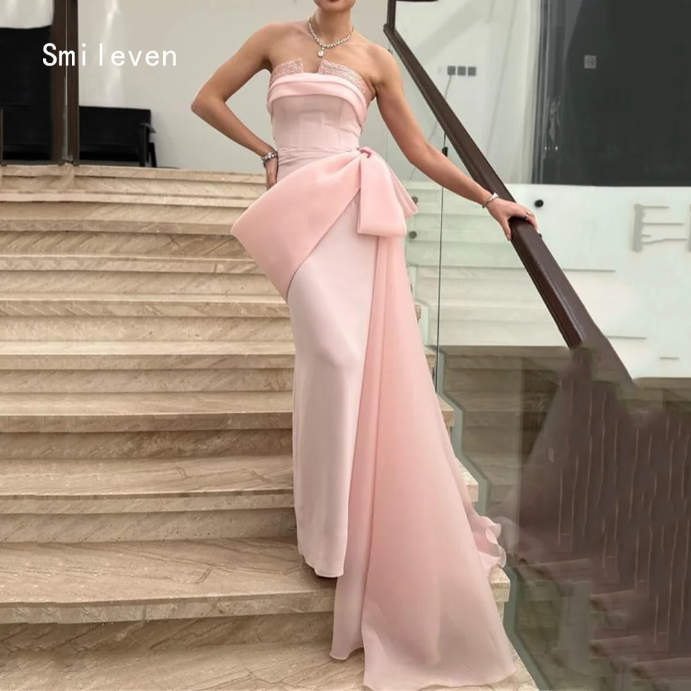 Smileven Luxury Bow Mermaid Evening Dress Strapless Formal Prom Dresses Pink Appliques Party Gowns Customized 2026