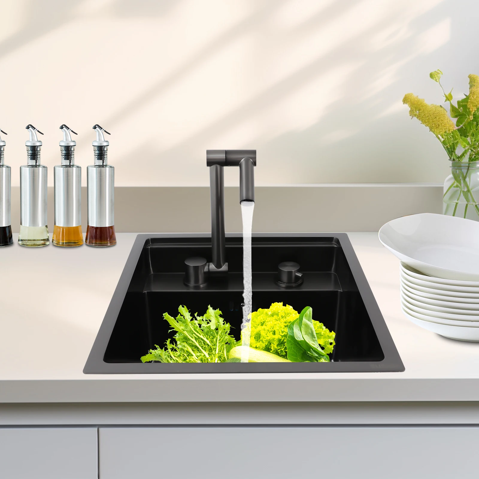 

43*39*23 см черная кухонная раковина с краном, скрытая раковина из нержавеющей стали, подходит для чистки продуктов питания, фруктов и овощей