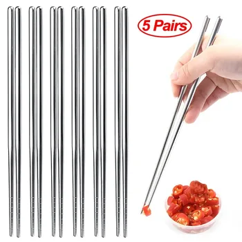 5 pares de pauzinhos chineses de aço inoxidável antiderrapante sushi pauzinho coreano japonês comida metal varas cozinha conjunto de utensílios de cozinha
