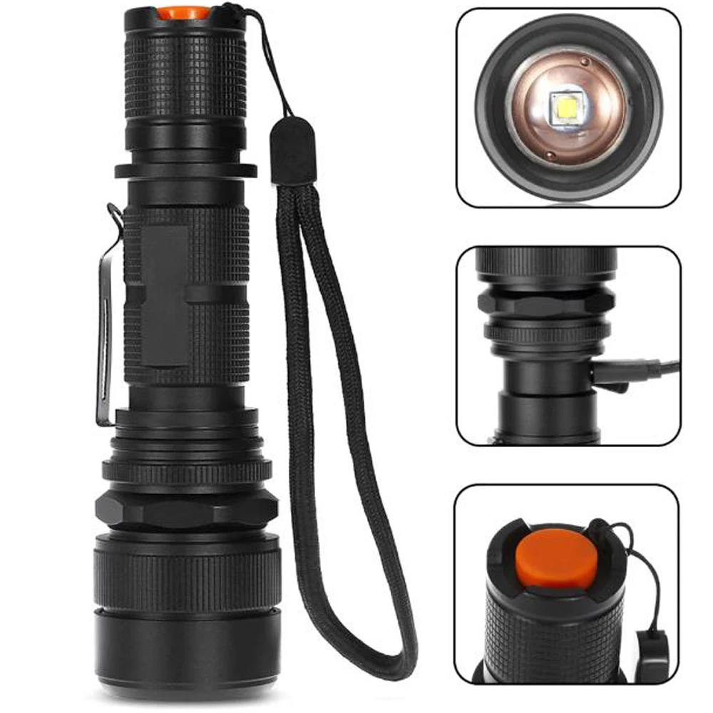 Super bright Tactical LED Flashlight USB Rechargeable Zoomable Waterproof Headlamp 5 Modes 18650 lighting Flash light