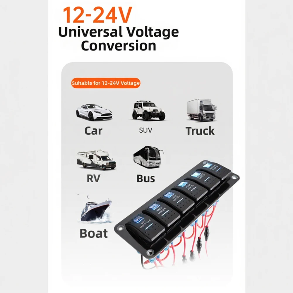Black ABS 6 Gang Rocker Switch Panel 12V 24V with Blue LED Indicators and 10A Fuse for Automotive Applications