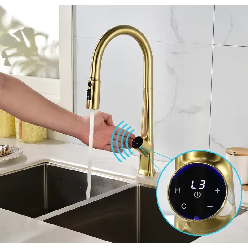 High End Smart Sensor Kitchen Faucet with 3 Modes Pull Out Swivel Nozzle Touchless LED Display for Kitchen Sink