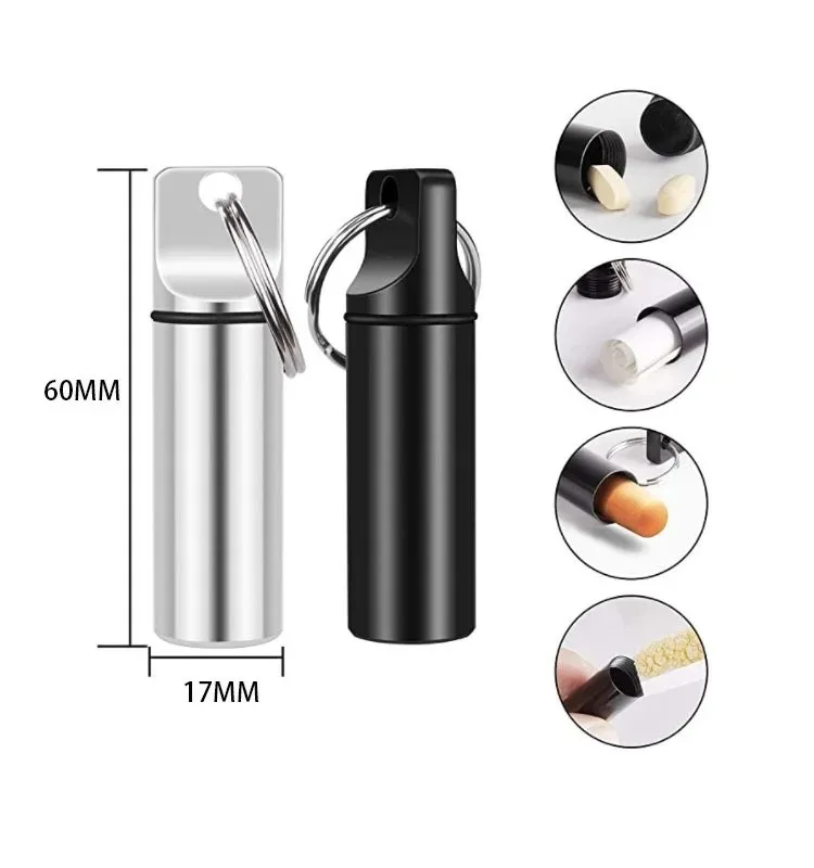 1Pcs Aluminum Waterproof Pill Box Cases with Sealed Storage, Flat Head, Round Alloy Cartridge and Keychain for Vitamin Fish Oils