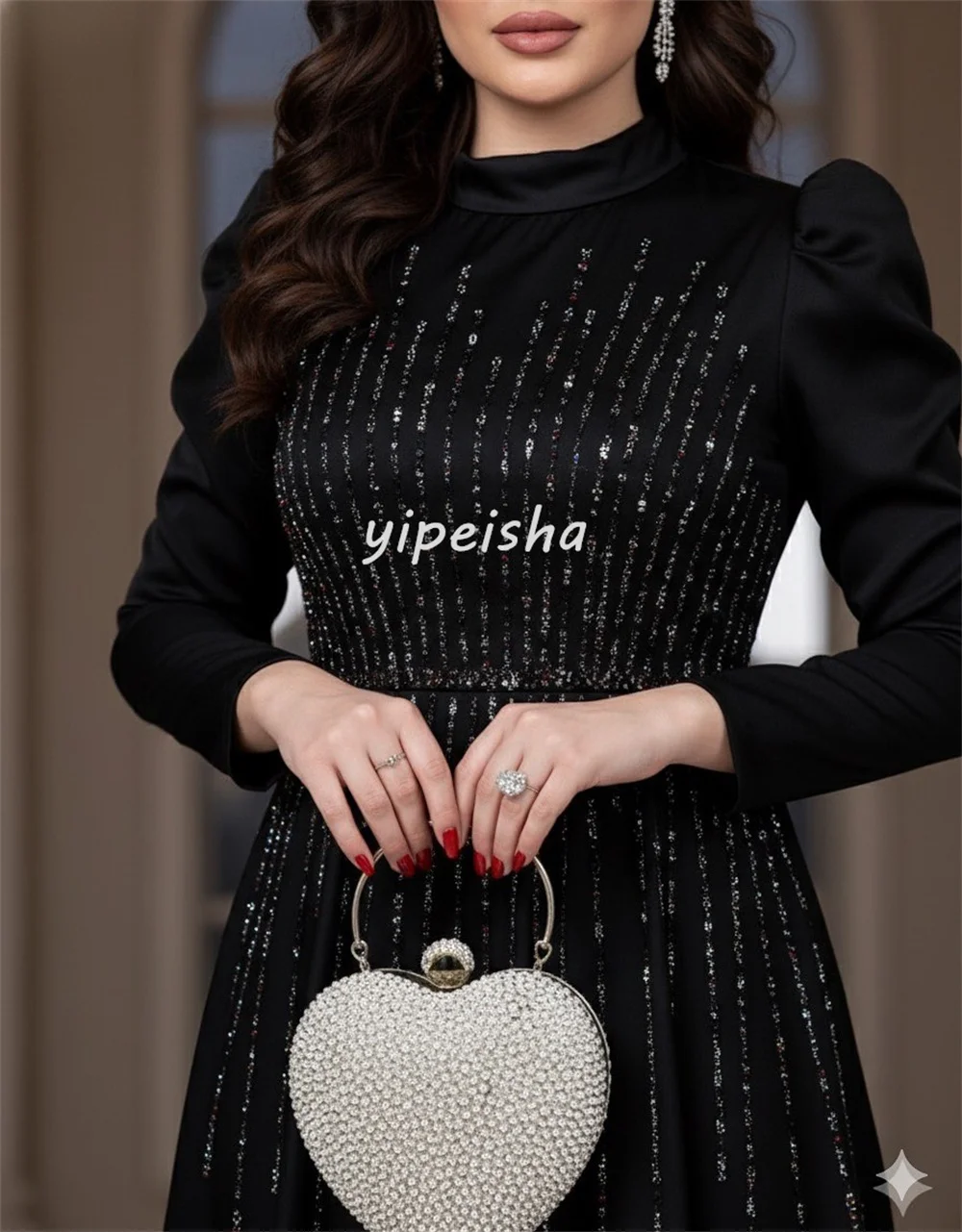 Sukienki midi w kształcie litery A z wysokim kołnierzem, z plisami, zdobione koralikami i cekinami, szyte na miarę, klasyczne, wysokiej jakości, dostępne różne rozmiary, sukienki wieczorowe.