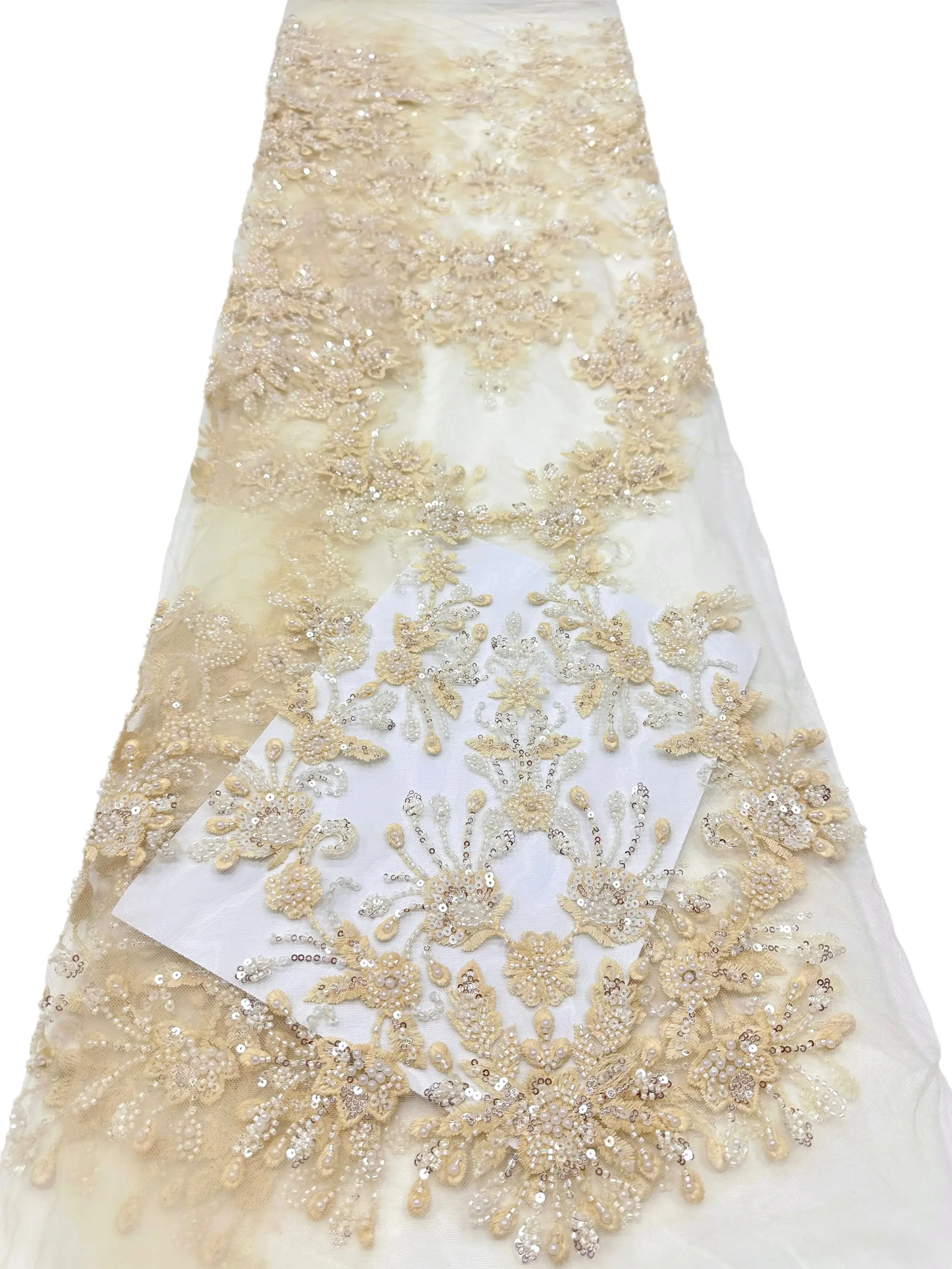 Luxury African Groom Handmade Beaded Lace Fabric with High Quality French Sequins Tulle for Wedding Party Dress Sewing Materia