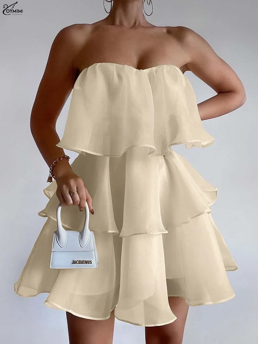 

Oymimi Casual Apricot Ruffled Women's Dress Fashion High Waist Open Back Dresses Elegant Zipper Pleated Mini Dresses Streetwear