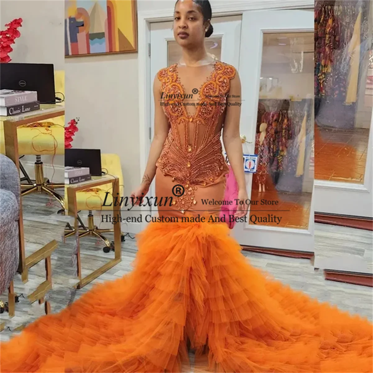 

New Design Sparkly Orange Mermaid Long Prom Dresses 2024 Sexy Glitter Crystals Party Gowns For Black Girls Robe De Bal