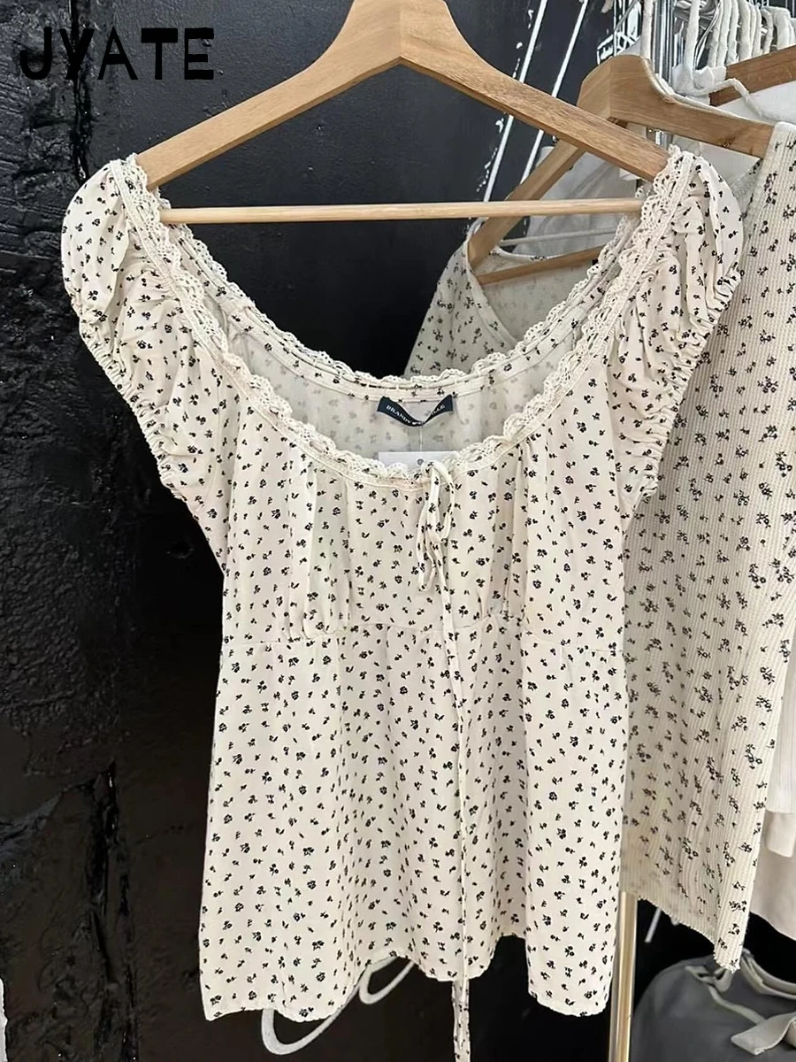 여성용 꽃 프린트 레이스업 코튼 티셔츠, 캐주얼 스퀘어 칼라, 퍼프 슬리브 티, 귀엽고 귀여운 빈티지 크롭탑, Y2K, 여름 신상