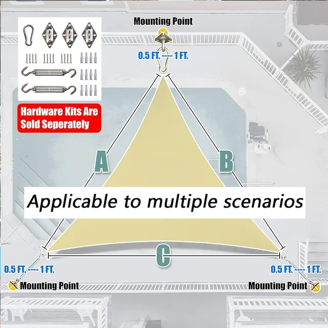 8' X 8' X 8' Beige Triangle Shade Sail Outdoor Sun Shelter UPF50+ AGTAPT8, 95% UV Protection, Waterproof and Air Permeable, Commercial Grade Heavy Duty 3