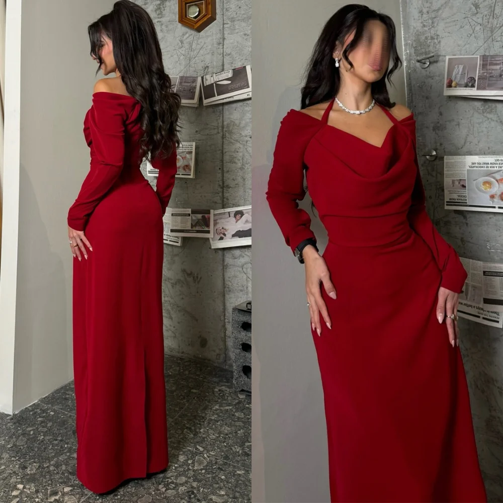 

Customized Simple Jersey Evening Dresses Classic Off the Shoulder Long Sleeves Homecoming Dresses Soft Special Occasion Gowns