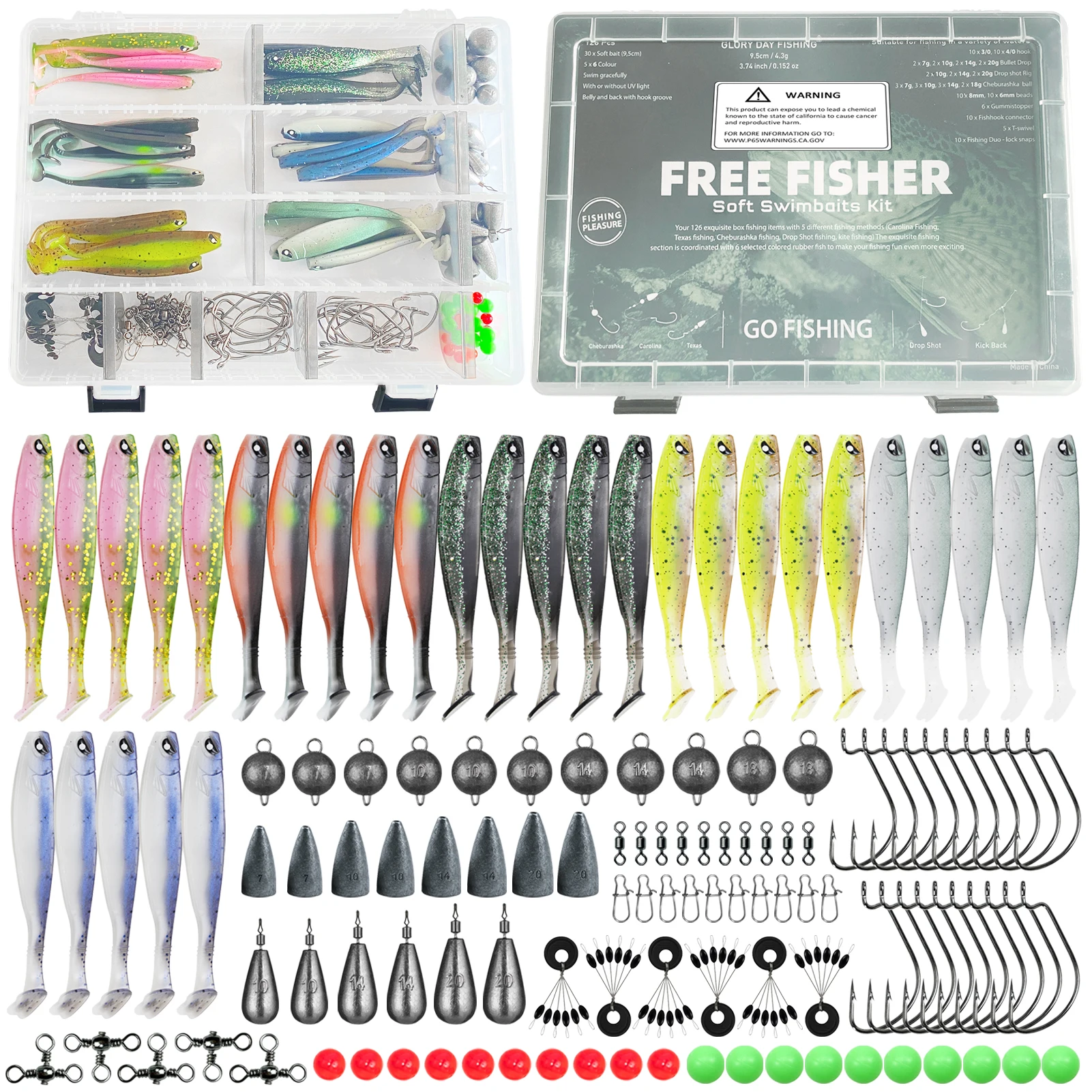 128pcs/Box Fishing Baits Kit Glow Soft Lures Fishing Weights Aritificial Baits Jig Hooks Space Bean Swivels Beads Swimbaits Set