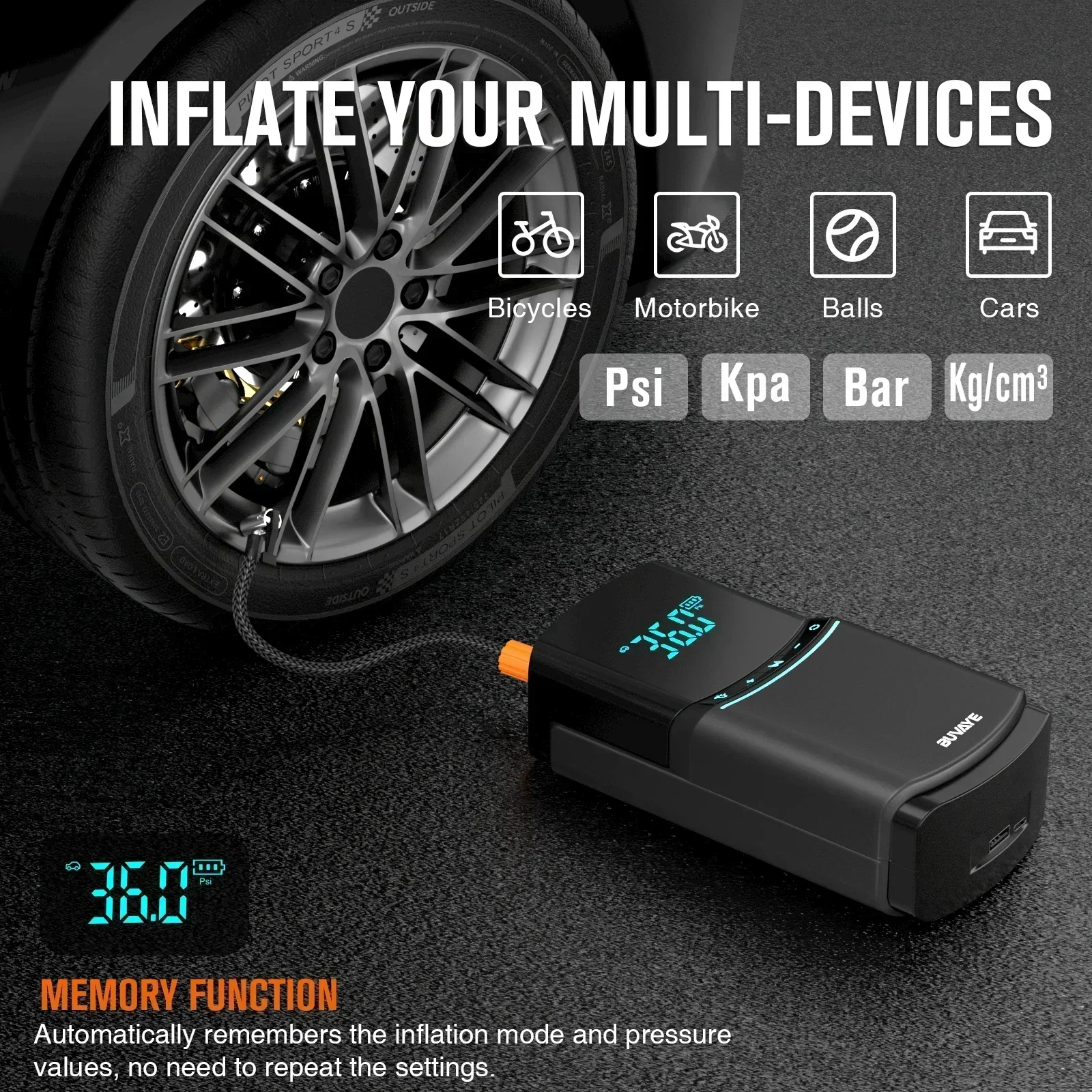 BUVAYE Car Jump Starter 150PSI Tire Inflatable Pump, Power Bank, 2000A Battery Booster Air Compressor, Digital Auto Inflator