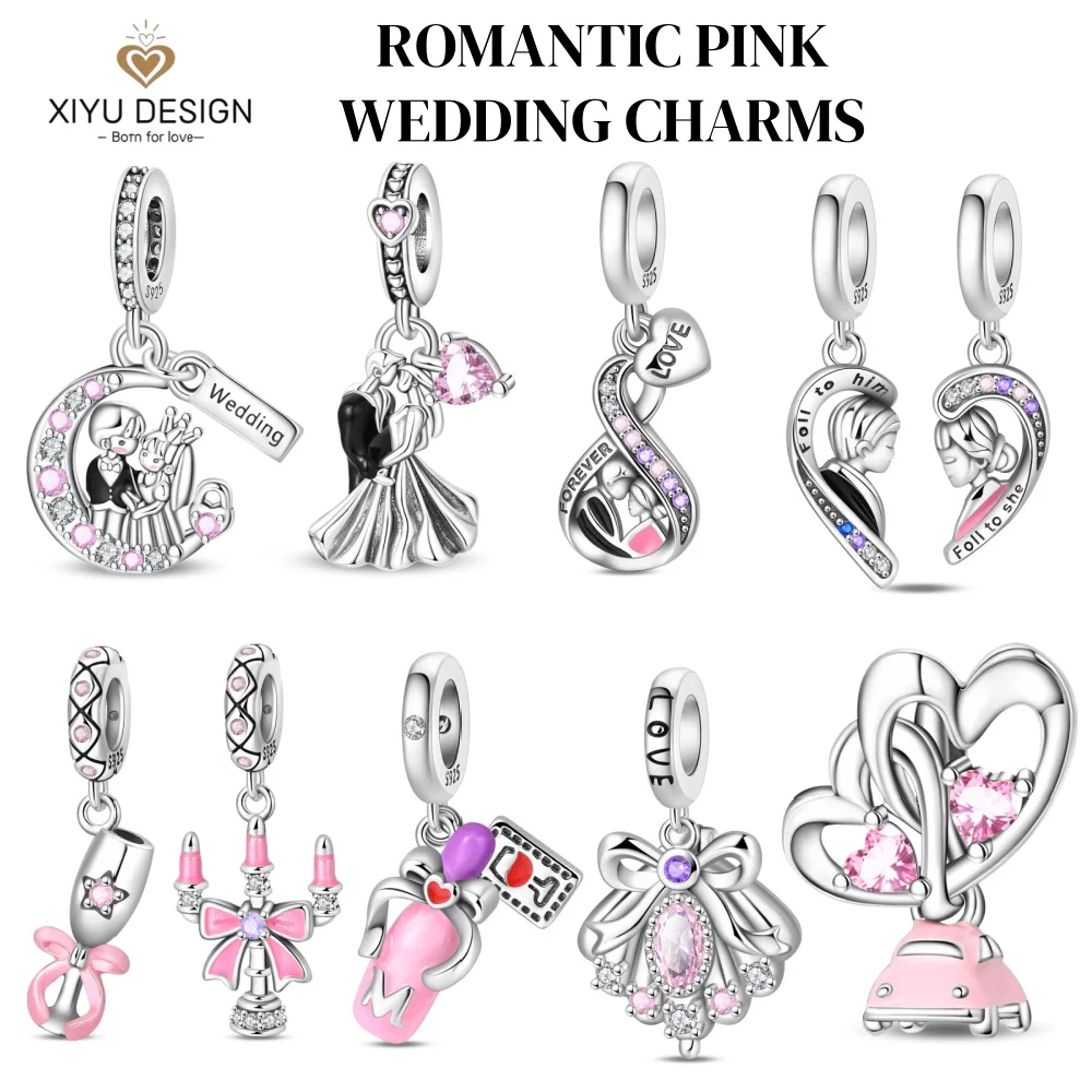 

Romantic Pink Bow Wedding Couple Candles 925 Silver Charms Bead Fit Bracelet Fine Women for Jewelry Valentine's Day Gift Making
