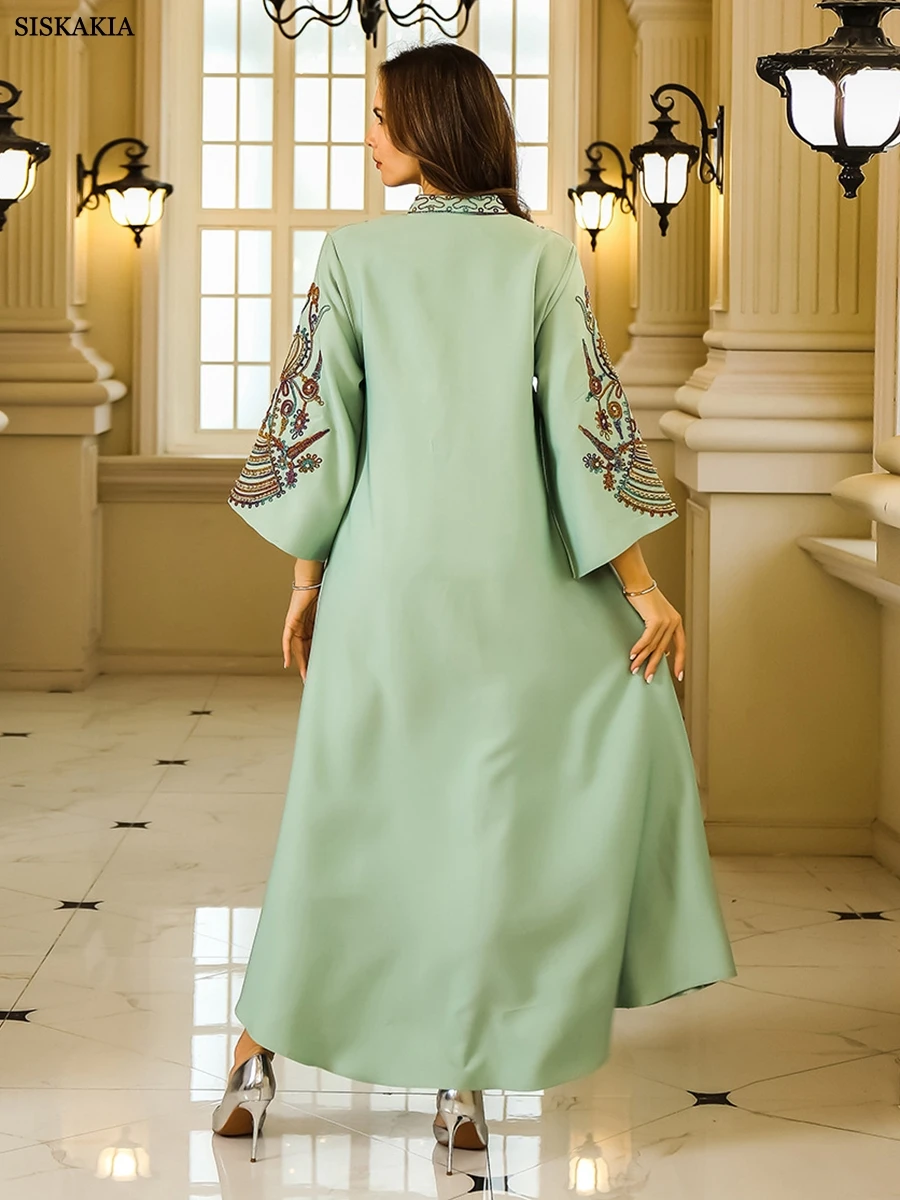 Siskakia Dresses With Long Sleeves Embroideried Beading Muslim Dubai Woman’s Abayas Casual Fashion Loose Luxurious Evening Dress