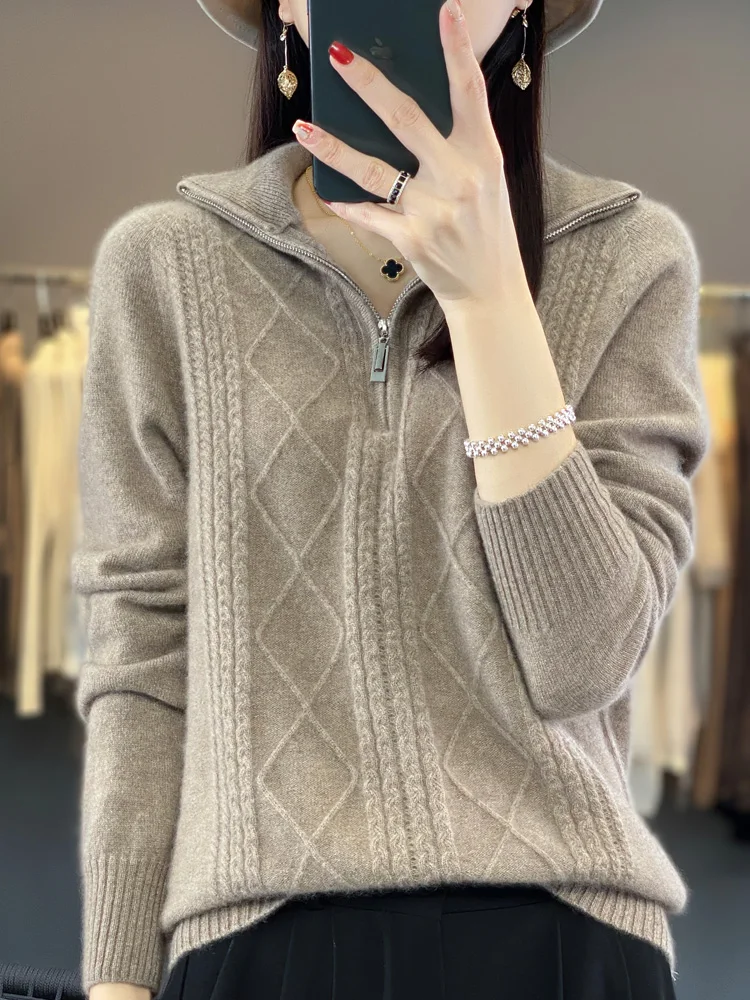 Autumn Winter  Women Zipper Pullover Turn-Down Collar Thick Cashmere Sweater 100% Merino Wool Knitwear Rhombus Knitting  New Top