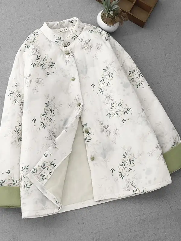 

Теплый хлопковый джет, женское пальто с воротником-стойкой и принтом, с внутренним наполнителем, художественное ретро-пальто для поездок на работу, большие размеры