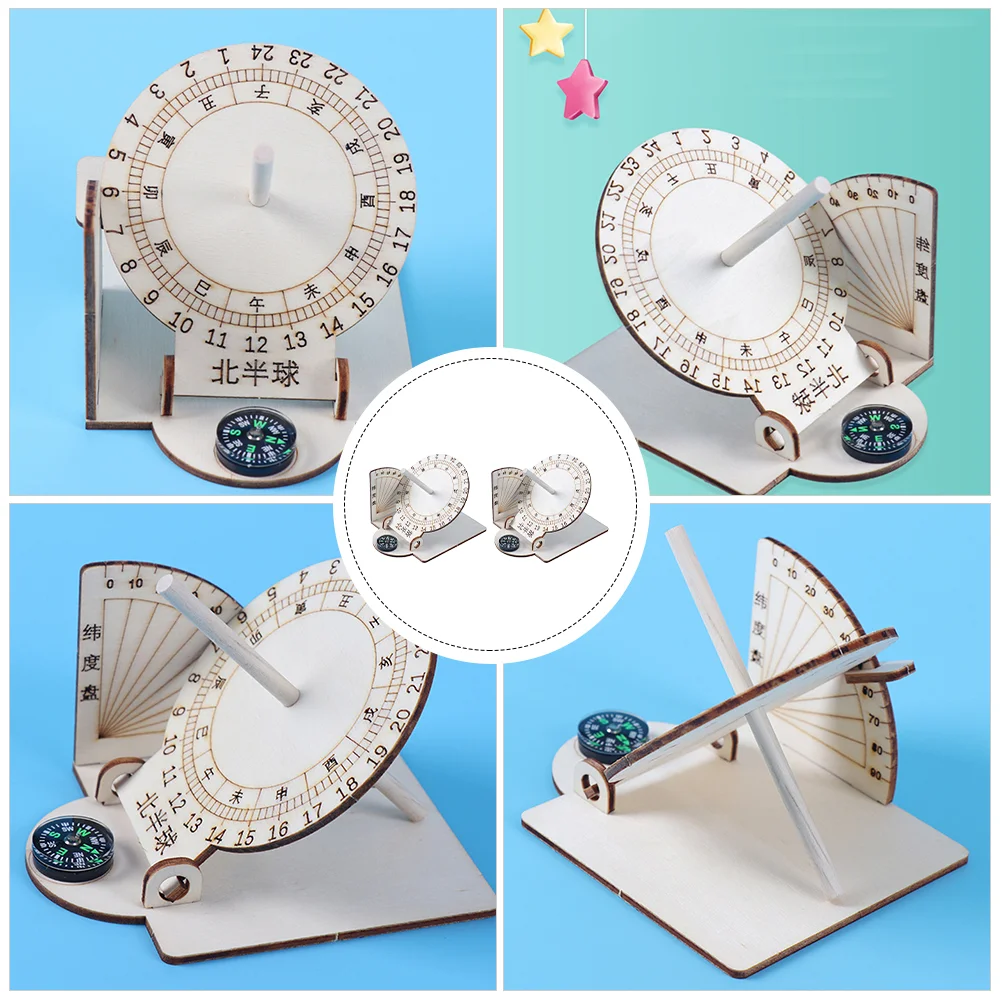 2 Pcs DIY Assembling Teaching Aids Sundial Model Wooden Scientific Educational Toy