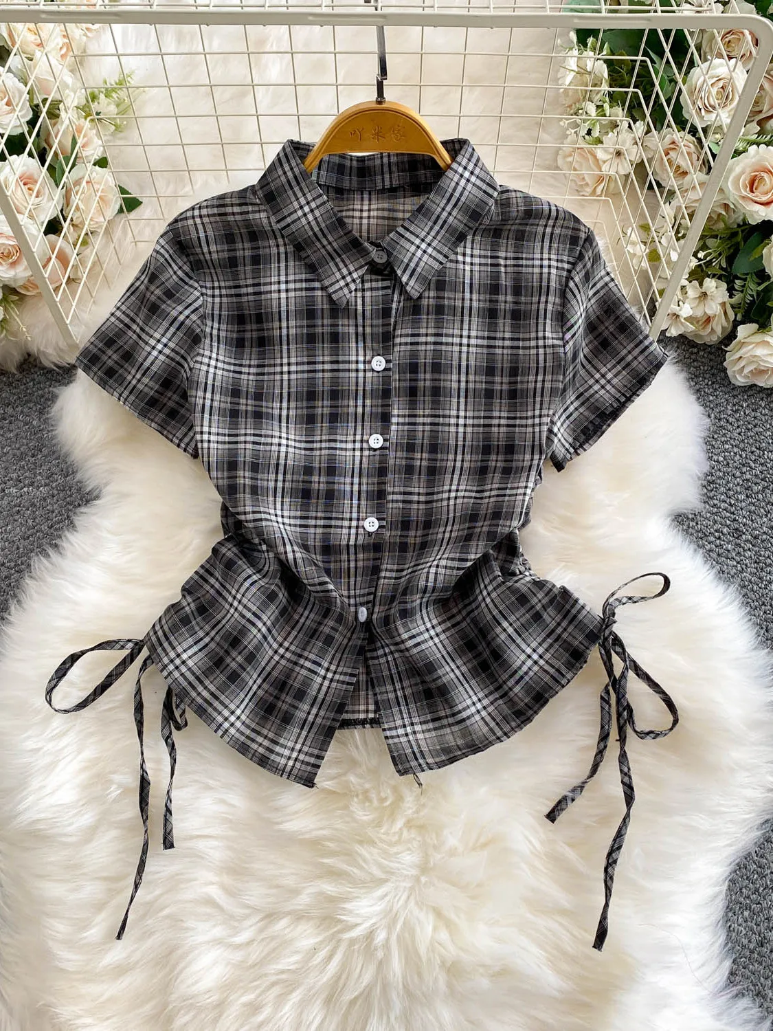 Korean Style Sweet Casual Plaid Shirt Women's Short Sleeve Drawstring Slimming Top Summer 2026 Commute Fashion Loose Fit