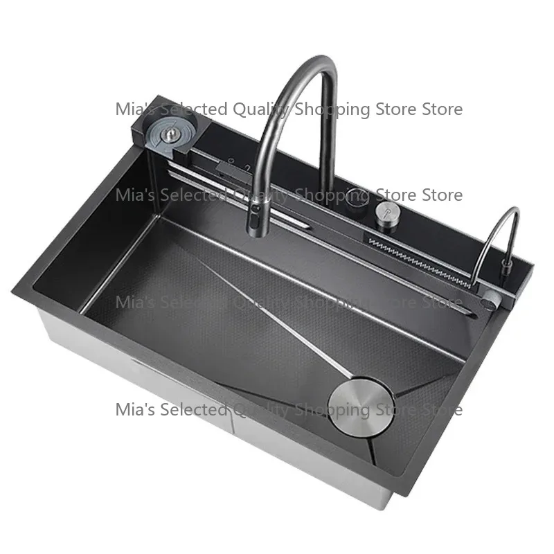 

Kitchen Sinks Stainless Steel Multifunction Sink Modern Waterfall Single Bowl Digital Display Kitchen Sink Set