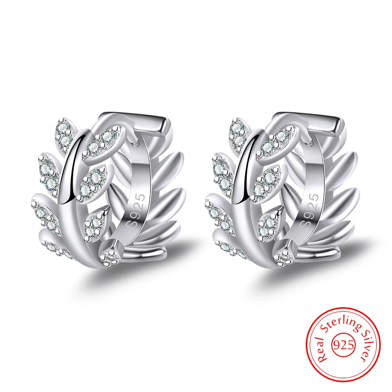 

Real 925 Sterling Silver Women's New Crystal Jewelry Leaf Hoop Earrings XY0183