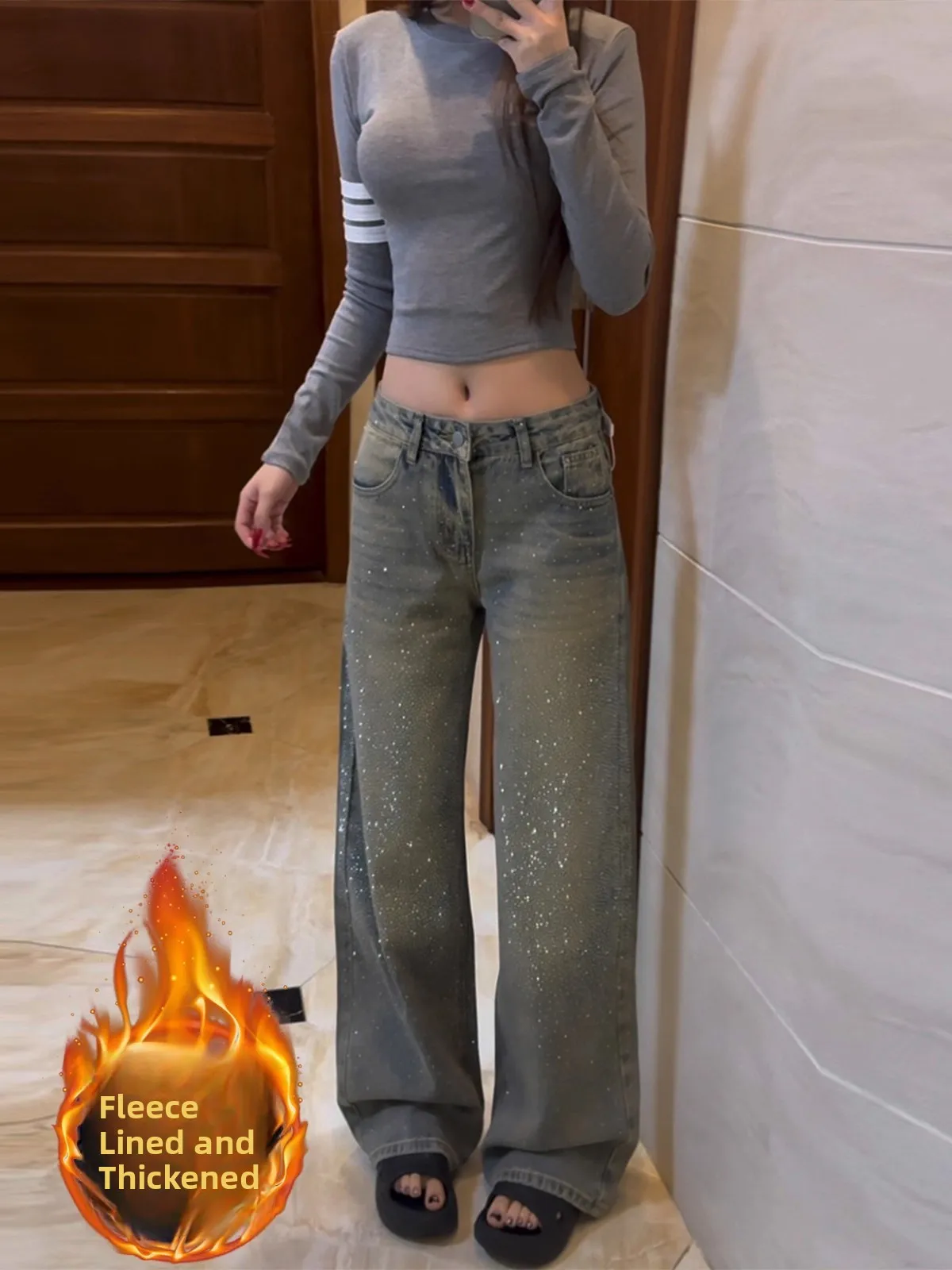 

High Waist Fleece Lined Wide Leg Jeans Women's Straight Cut Slimming Tummy Control Bootcut Denim Pants Winter Casual Fashion