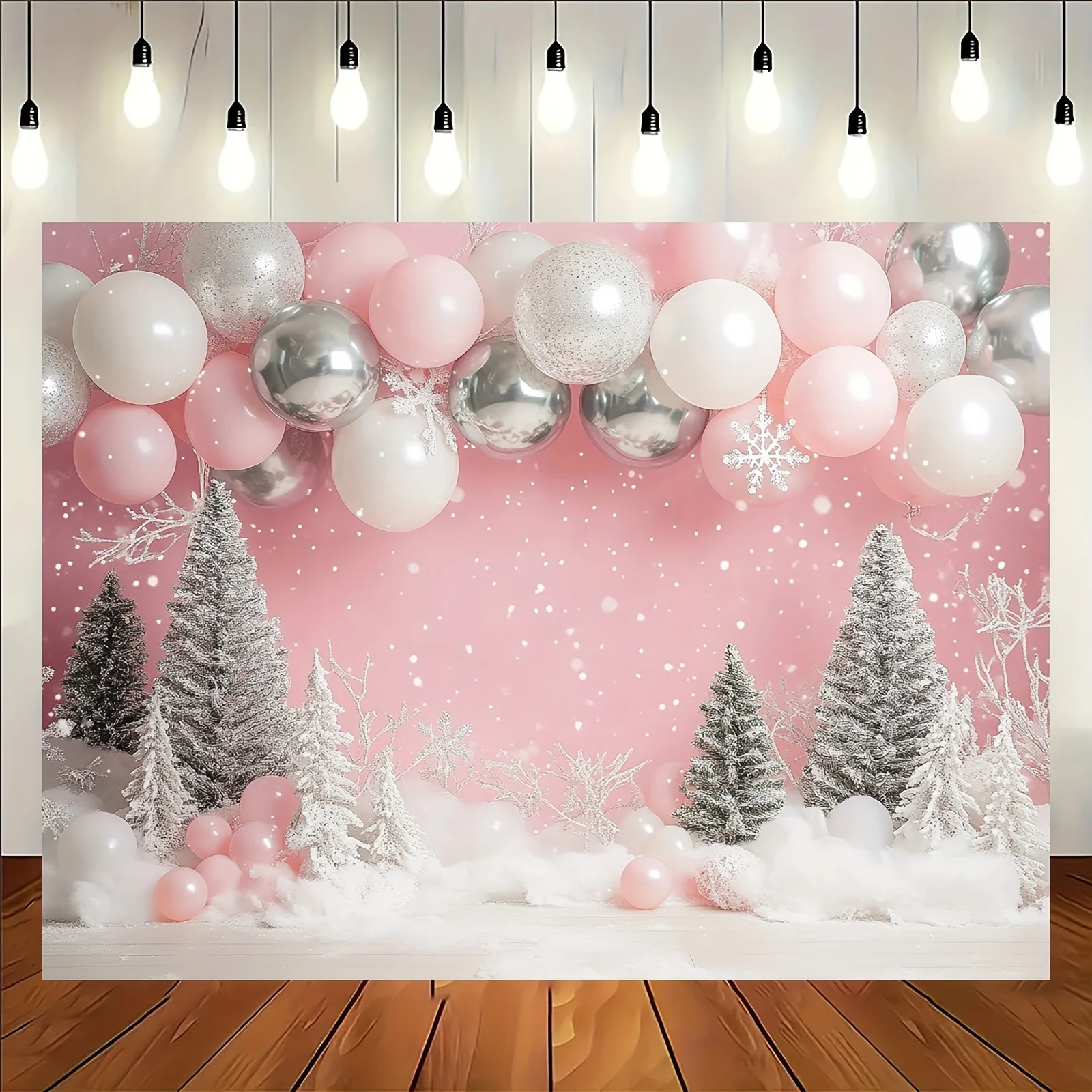 2D flacher 1-teiliger rosa Polyester-Hintergrundstoff für den Winterwunderland – Dekoration für Weihnachts- und Geburtstagsfeiern