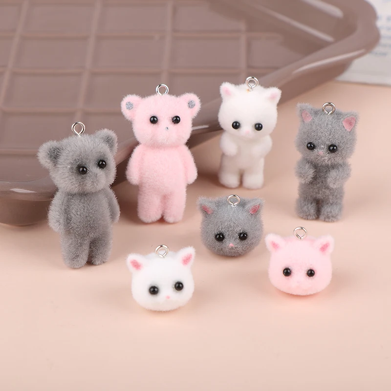 2PCS Cat Bear Pendant Kawaii 3D Fluffy Flocking Charms Miniature Dolls Keychain Necklace Pendant DIY Crafts Jewelry Make