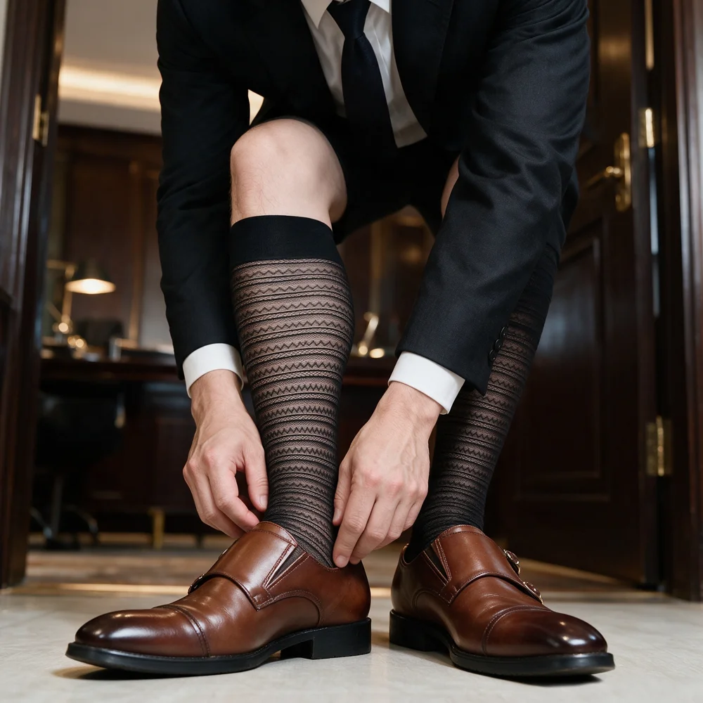 Men's Sheer Knee High Socks Breathable Geometric Zigzag Mesh Formal Business Dress Over Calf Long Tube Hosiery For Office Suit