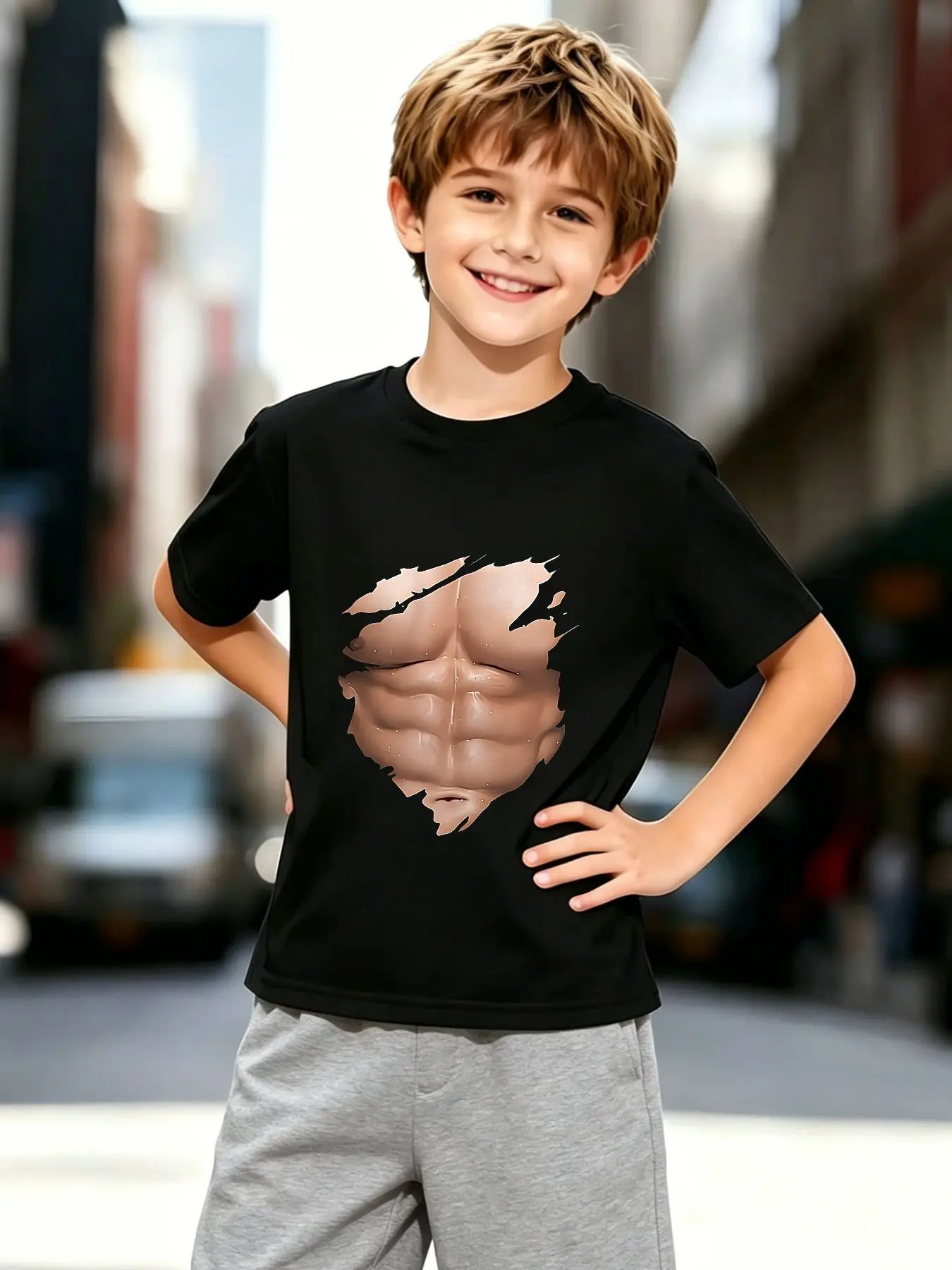 Muscle Torn Fabric 3D Effect Funny Art Graphic Print Family Matching Short Sleeve Tee Boys Girls Kids Casual Daily Wear Tops
