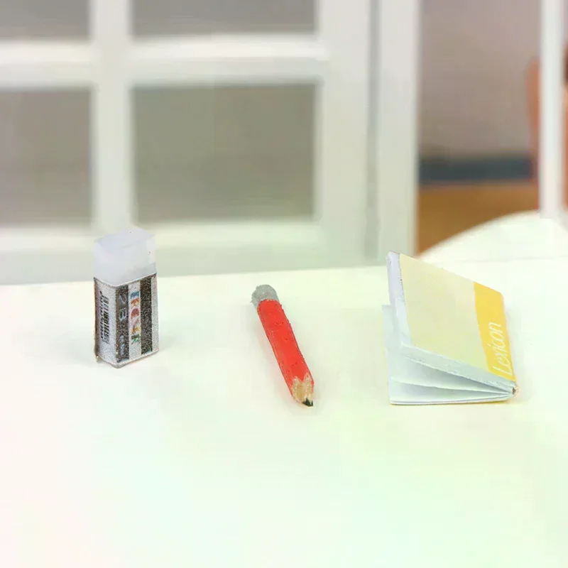 /GJ/1:12 Dollhouse Miniature Notebook Pencil Eraser Student Stationery Model Kid Pretend Play Toy Doll House Accessories 1Set