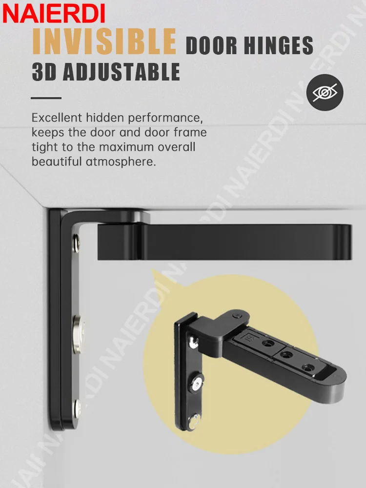 NAIERDI 2 Pieces Hidden Hinges for Doors 3D Adjustable Swivel Invisible World Hinge Zinc Alloy Door Hinge Furniture Hardware