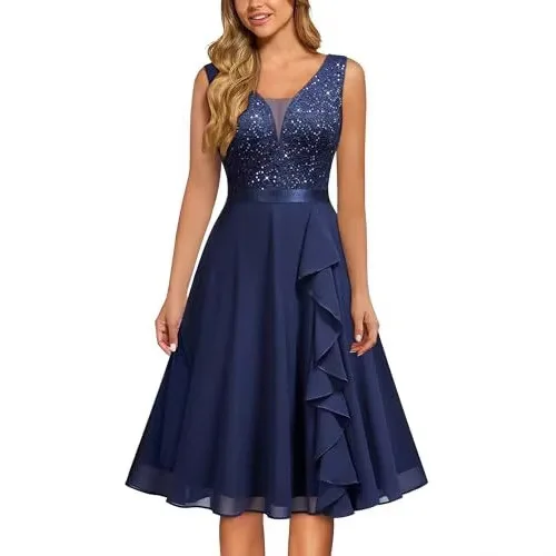 

Women Sequin V Neck Cocktail Dress Sleeveless Ruffle Chiffon Midi Evening Gown Elegant Wedding Party Dresses Vestido De Fiesta