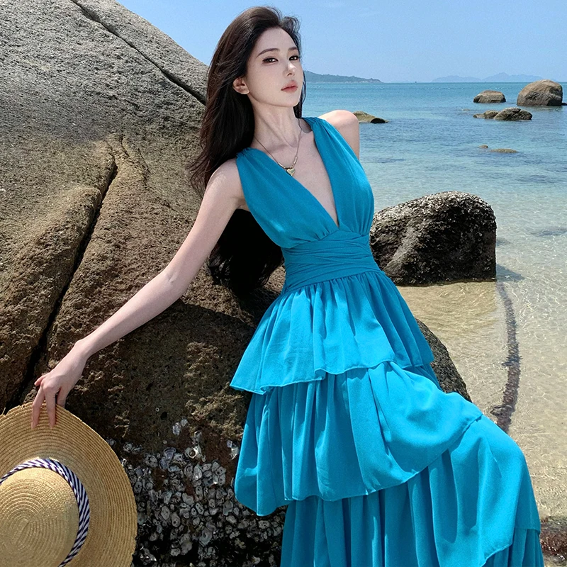 Sexy Pure Desire Blauw V-Ne Strapl Svel Dr Dames Taille Cinching Afslanken Bal Tie ing Cake Lange Dr