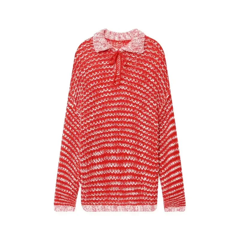 

Lady Soft Chic Turn-down Collar Long Sleeves Sweater Simple Warm Knitwear Knitted Hollowed-out Horizontal Stripes Tops Pullover