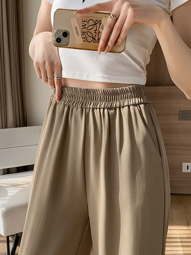 Ice Silk Wide Leg Pants Women's Summer New High Waist Thin Straight Casual Loose Long Floor-Length Trousers plus Size