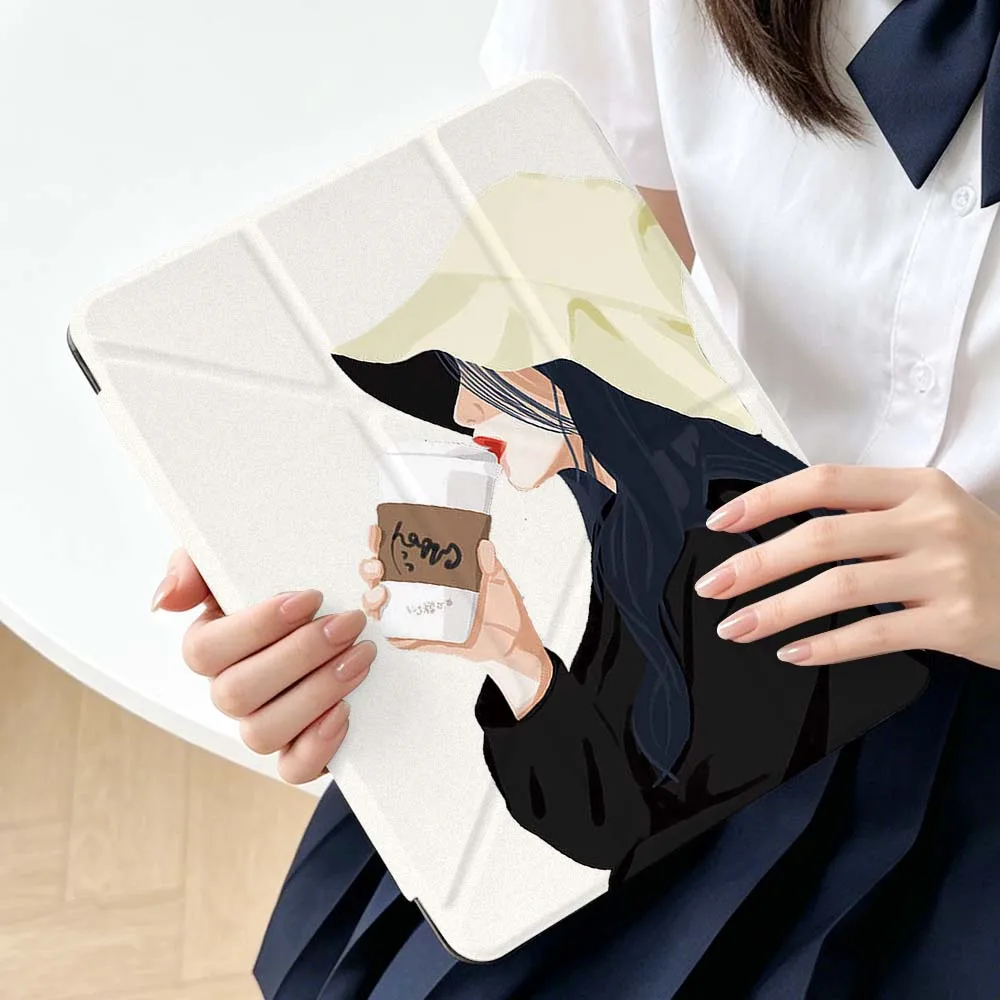 Cartoon Woman Drinking Coffee Soft For Apple iPad Air A16 4 12th 11th 10th 7th 11 12.9 13 10.5 inch Gen 3Y Tablet Case