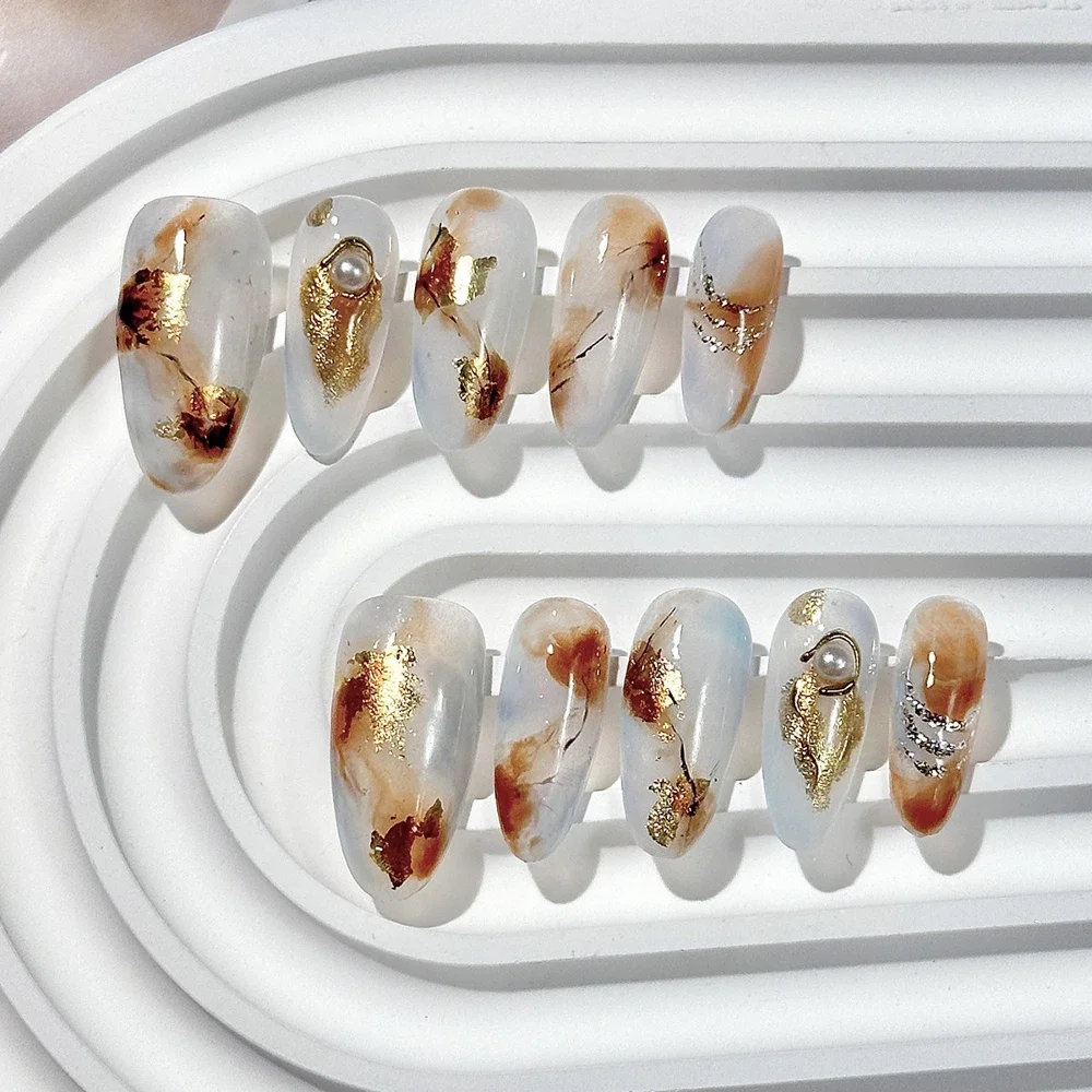 귀여운 패션 반짝 이는 고양이 눈 수제 분리형 가짜 손톱 아크릴 손톱에 고품질 손으로 그린 ​​꽃 진주 프레스