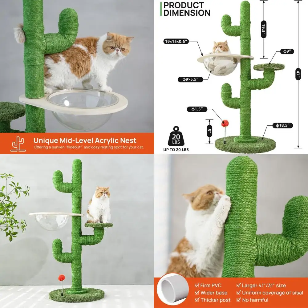 

47 Tall Indoor Cat Scratching Post with Hammock, Ball, and High Perch