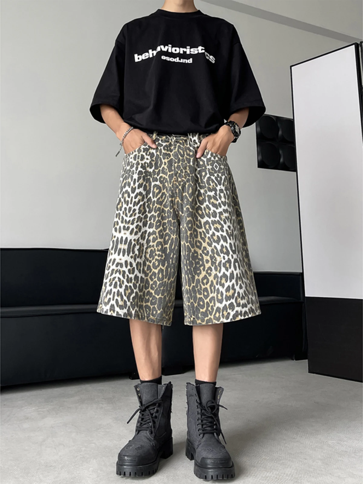 Shorts Jeans Retrô Americanos com Estampa de Leopardo, Unissex, Casuais, Corte Solto e Reto, Calças de Verão para Homens e Mu...