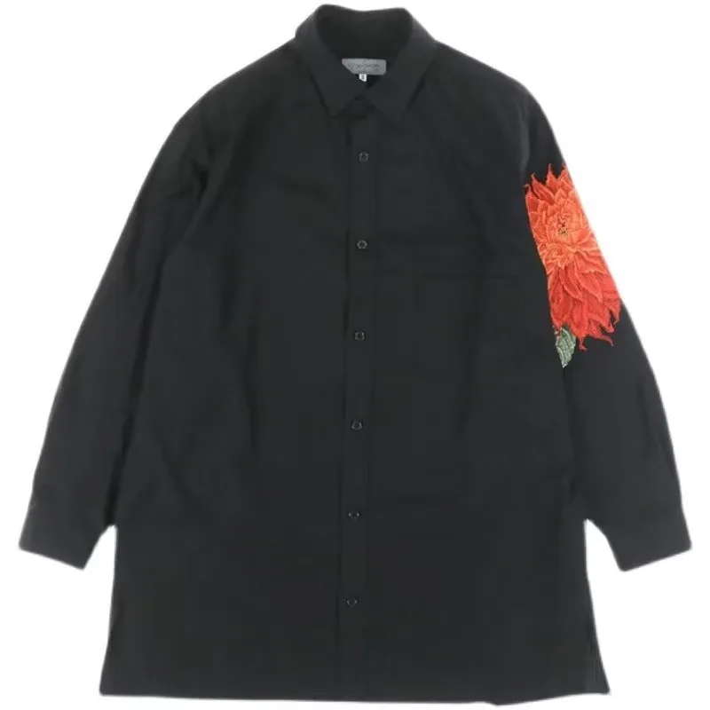 CHRISTAMPAN-Chemise à Fleurs Rouges pour Homme, Style Japonais, Allongé, Sombre, Brodé Floral, Ajusté, Unisexe, Chemises à Manches sulf