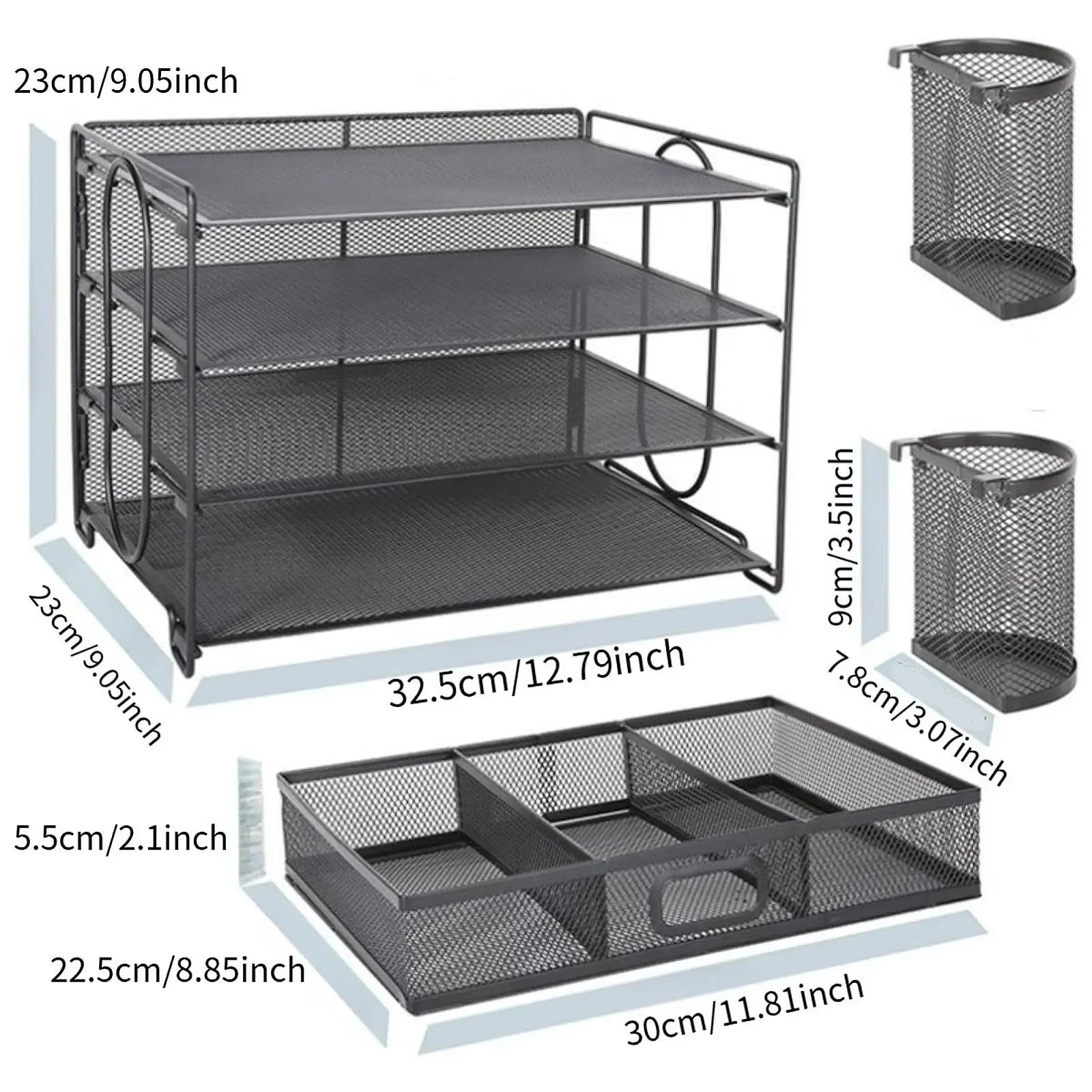 Desk Organizer with 2 Pen Holders Multipurpose Office Supplies with Drawer Paper Letter Tray Organizer Mesh Desk File Holder