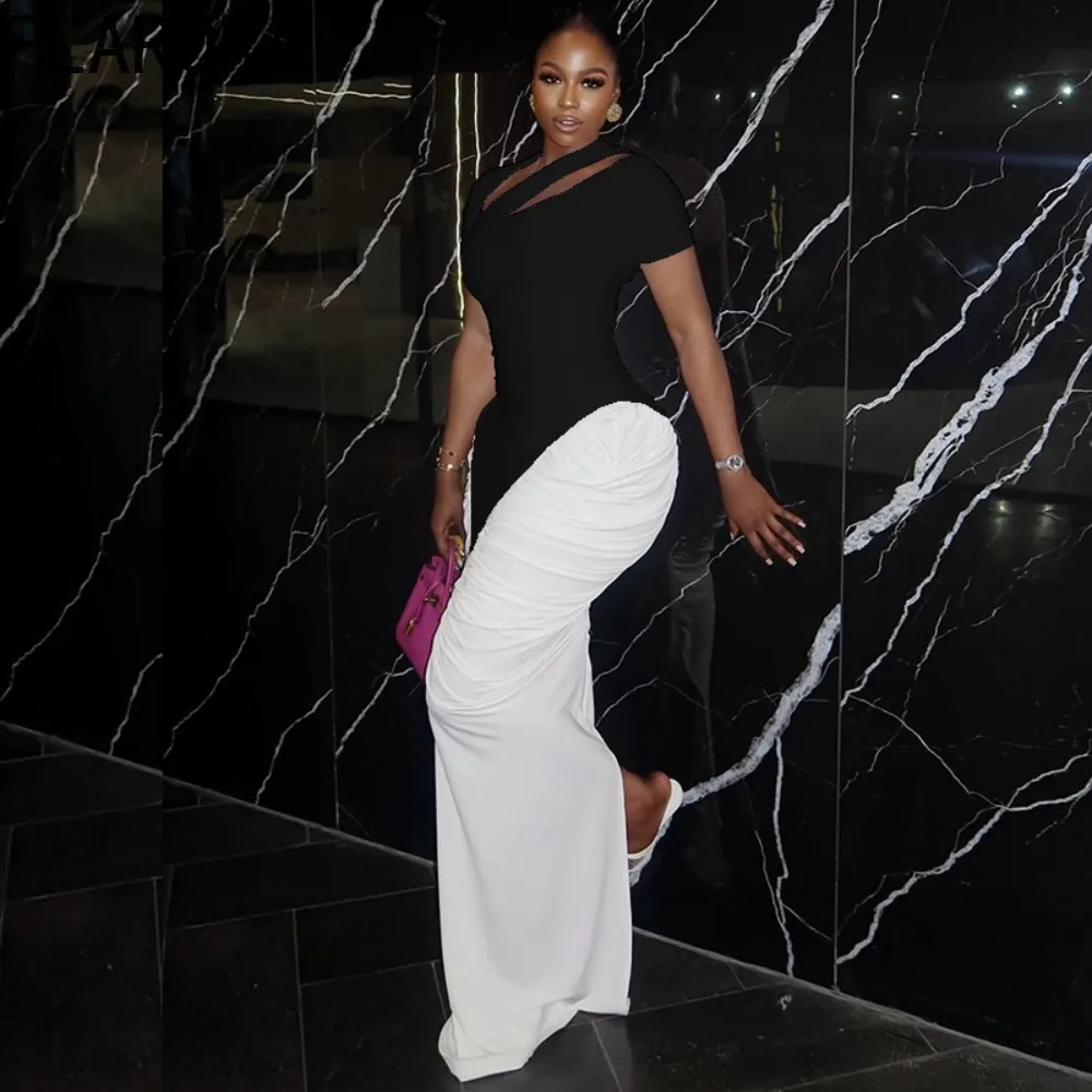 Florora elegante ruched retalhos maxi vestido mulher gola inclinada oco para fora magro vestidos longos moda festa clubwear vestidos