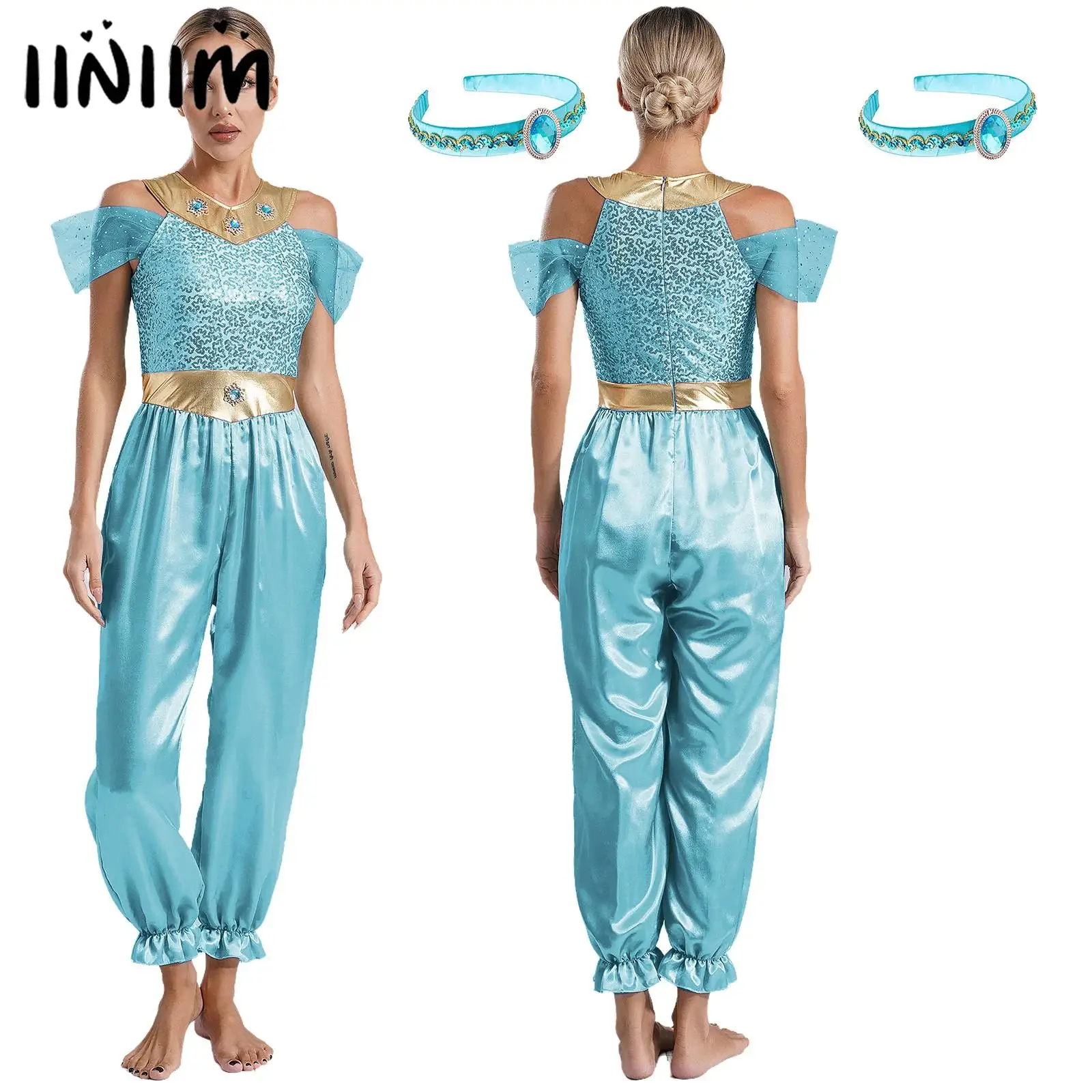 

Halloween Arabian Princess Cosplay Costume Festival Halloween Christmas Stage Performance Set Belly Dance Jumpsuit with Headwear