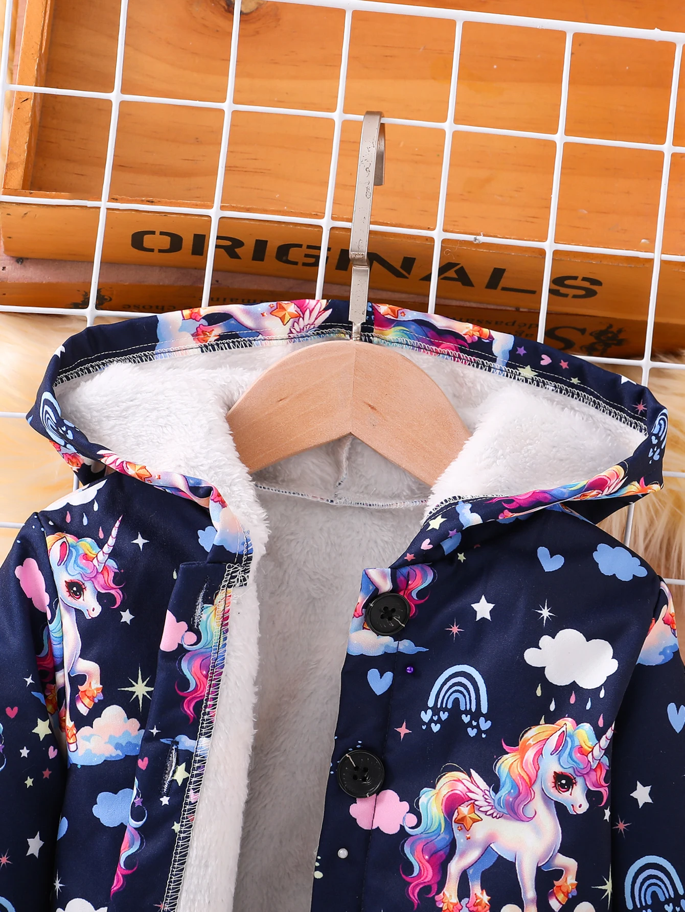 Autumn And Winter Girl\'s Unicorn Rainbow White Cloud Print With Plush Hooded Single Breasted Vintage Jacket Jacket