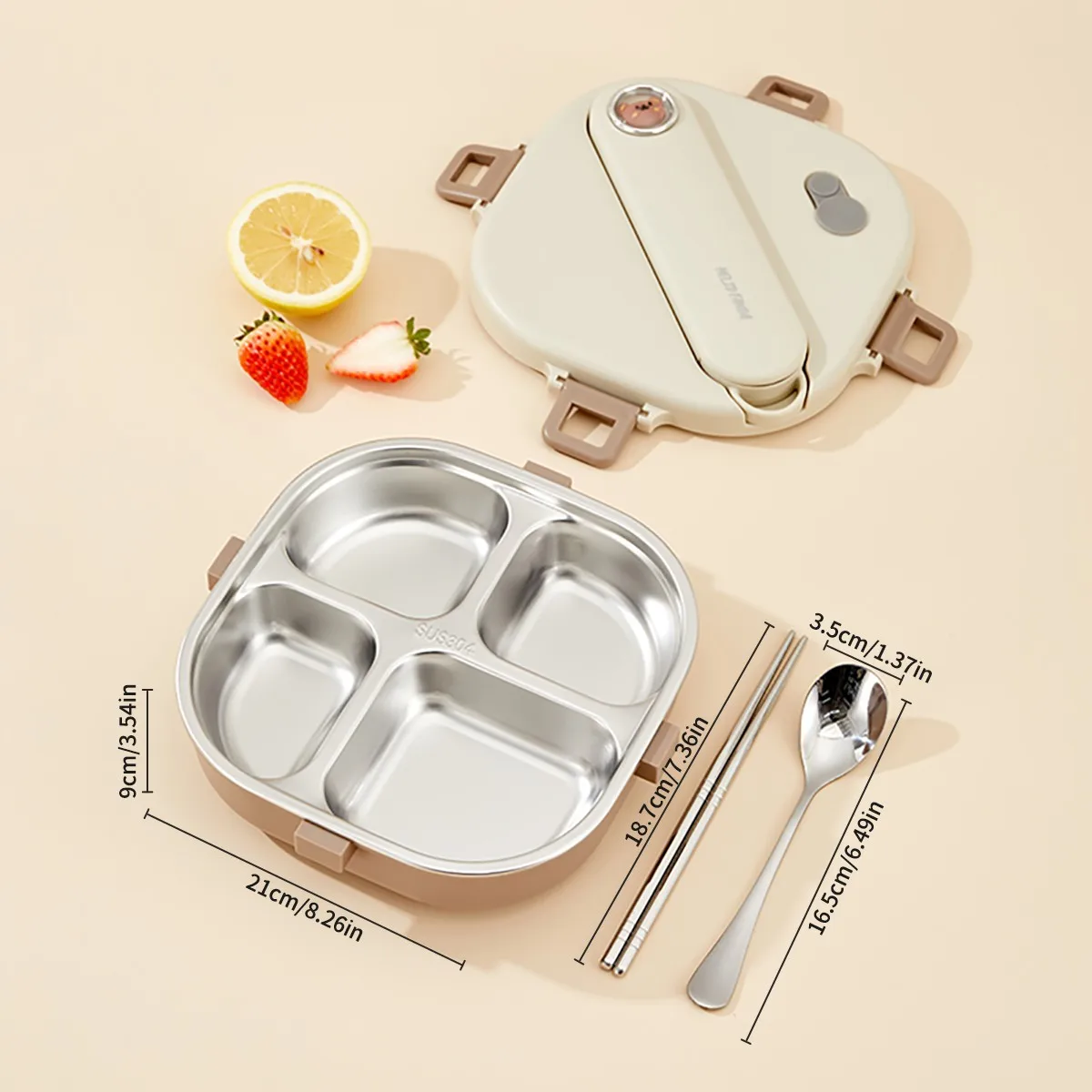 Vierkante 304 roestvrijstalen lunchbox met bestek, 3/4 vakken, lekvrij, grote capaciteit, lunchcontainer voor kinderen en studenten