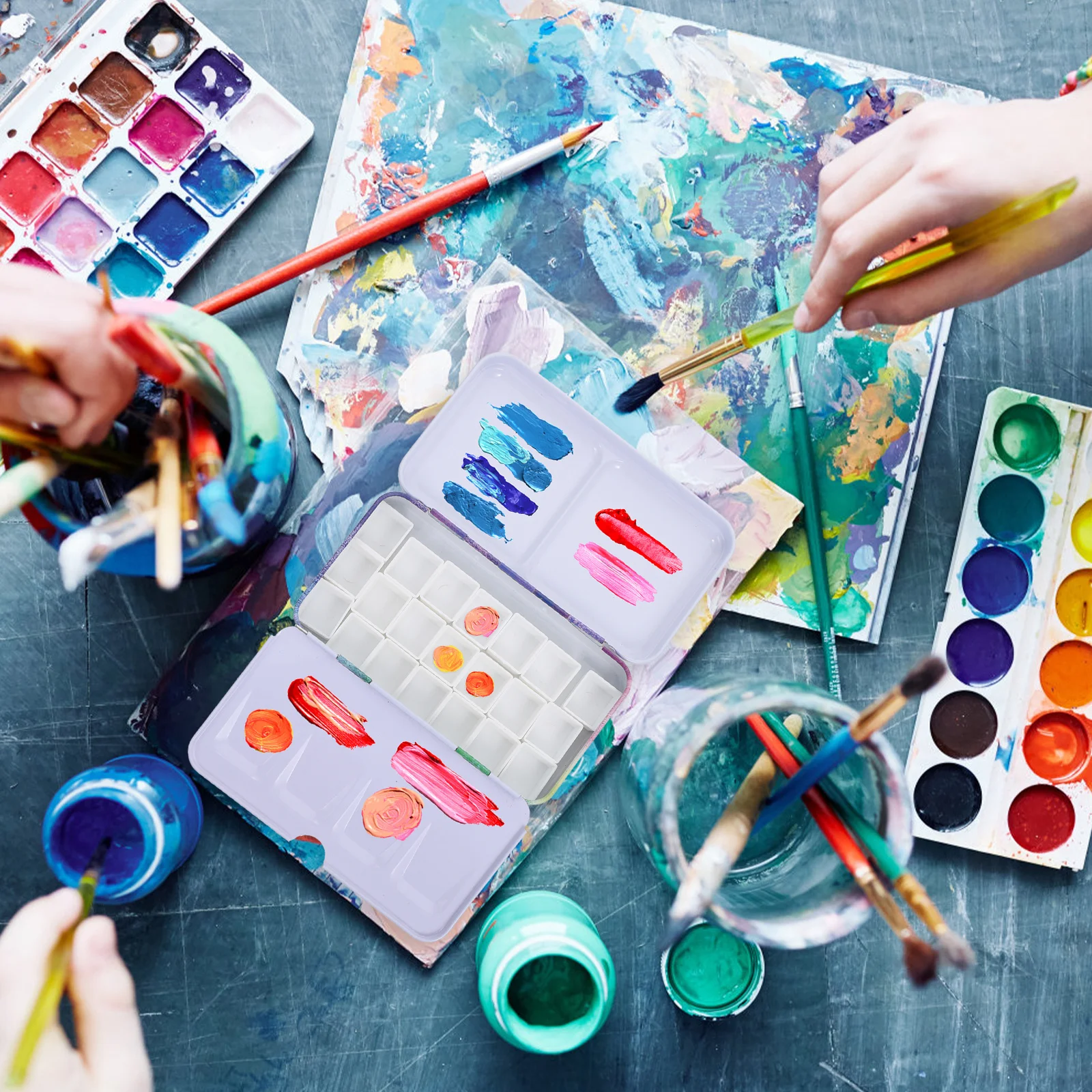 1 set 1 Set Portable Watercolor Paint Box With Compartments For Mixing Storage, Acrylic Color Organizer Tin, Art Paint Boxes