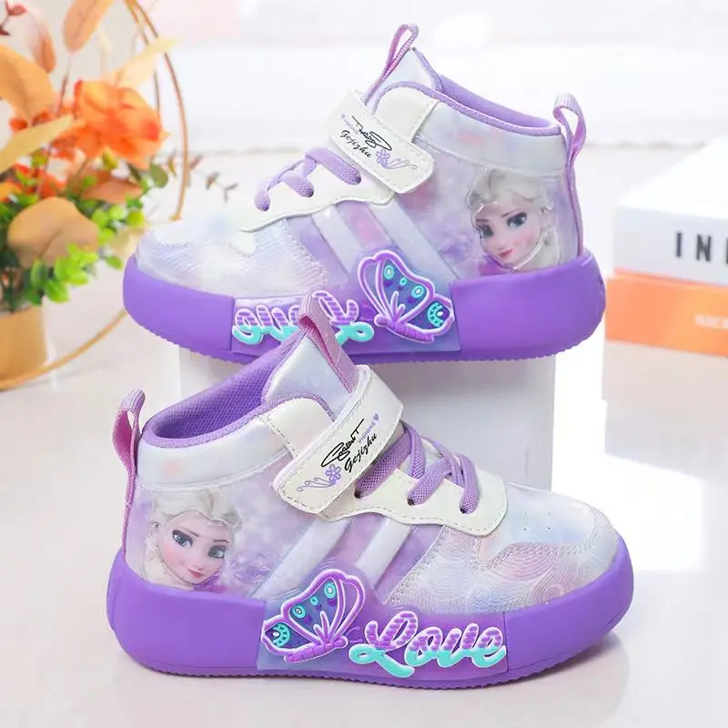 Disney Girls Casual Shoes Autumn Winter Kids  Sports Shoes Frozen Elsa Princess Girls High Top Plus velvet Warm Sneakers 25-36